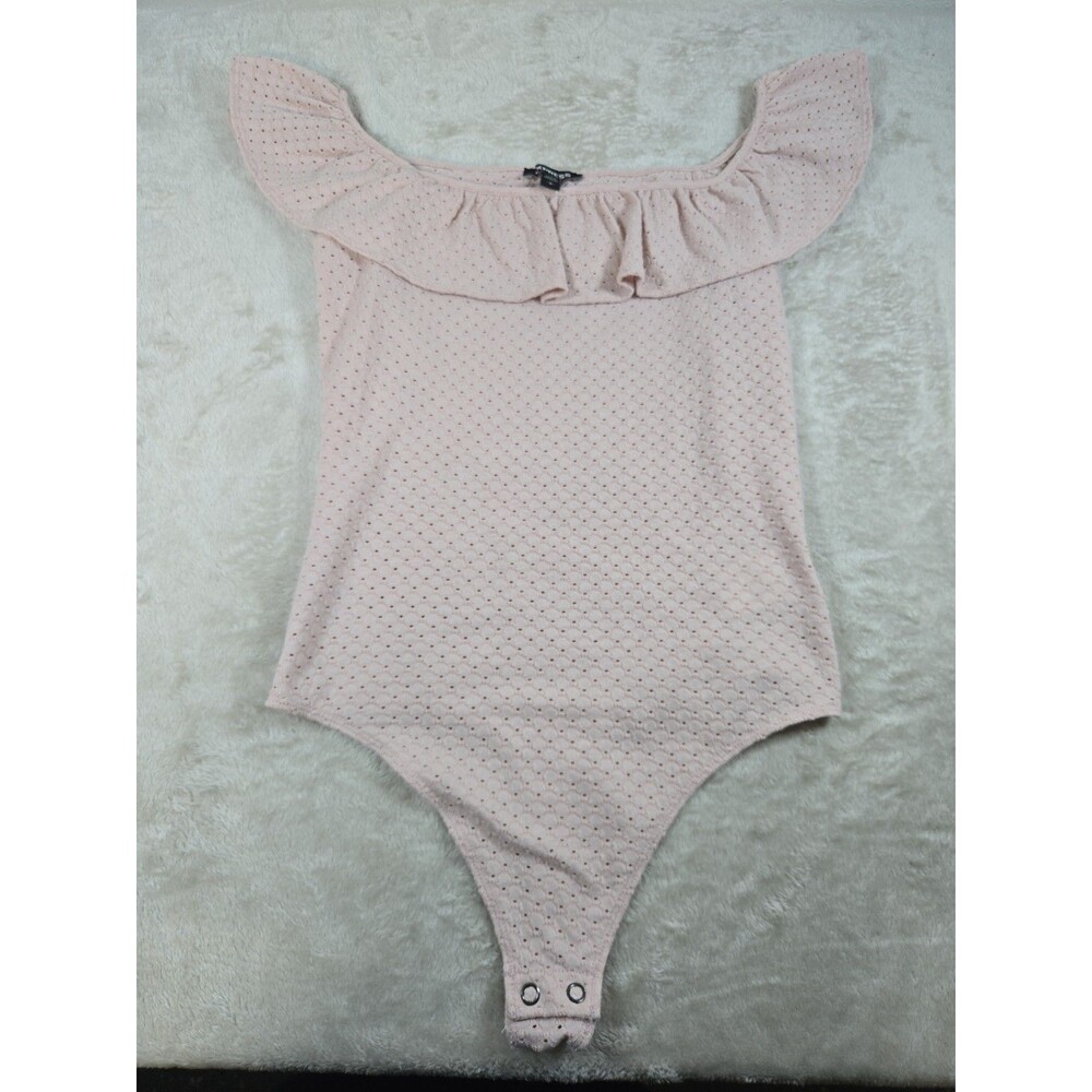 Express Off-the-Shoulder Ruffle Eyelet Knit Bodysuit β Blush Pink/Pale Peach S/P